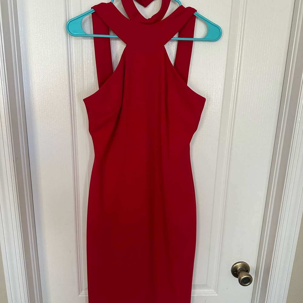 BEBE Red Halter Neck Choker Bodycon Midi Dress